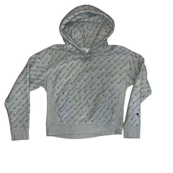 Champion Reverse Weave Hoodie Size Medium Gray Print All Over Heavyweight Hoodie - Picture 2 of 8